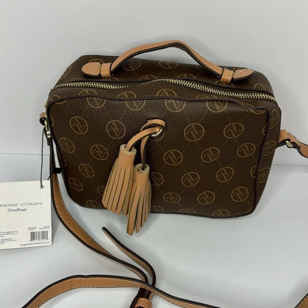 Adrienne Vittadini brown logo tassel crossbody bag